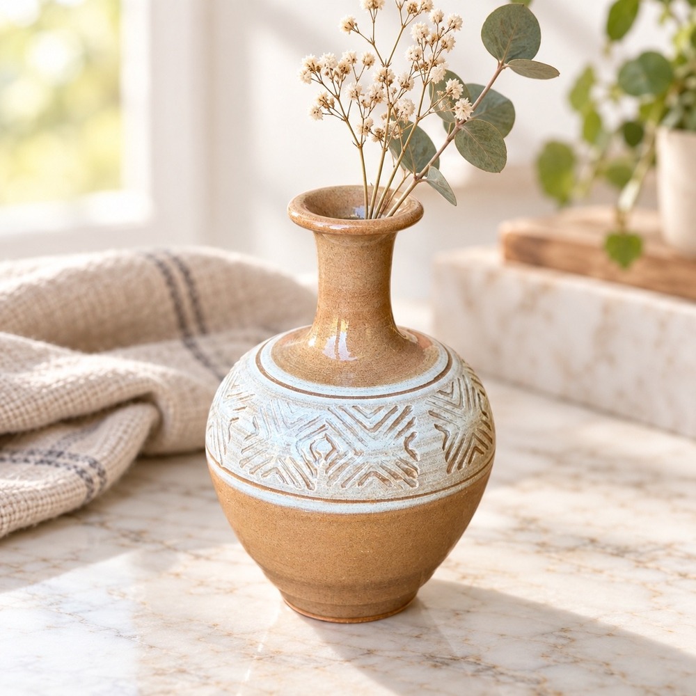 Signed Studio Pottery Bud Vase Hand Thrown Stoneware Tan Blue Geometric Mini